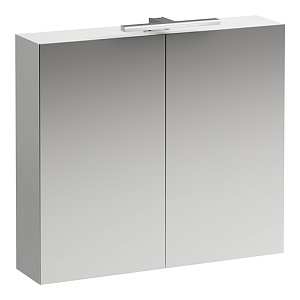 Laufen Base Шкафчик зеркальный 80x18.5x70cм, 2 дверцы, с горизонтальным элементом LED-подсветки, 2 стеклянные полки, 1 розетка, цвет: белый матовый